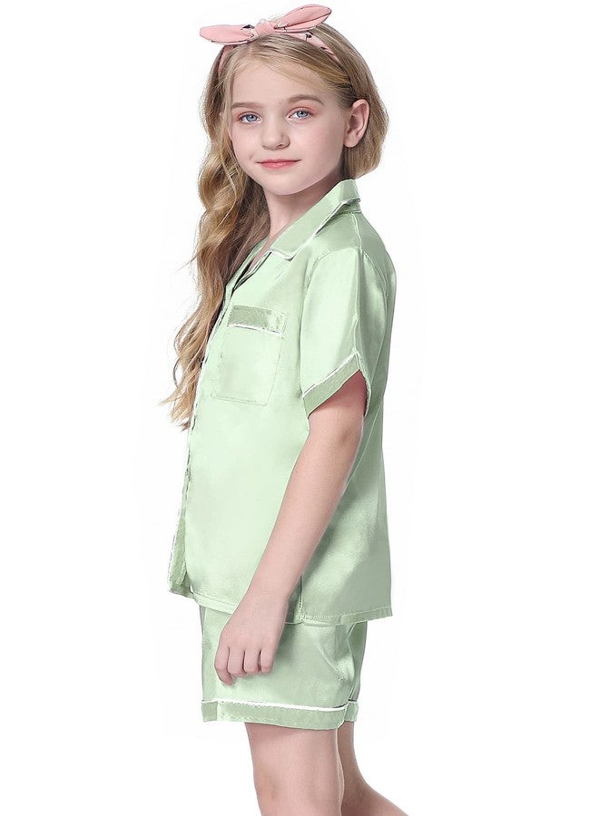 Schbbbta Satin Pajamas for Girls, 2 Pcs Sleepwear Short Sleeve Silk Satain Summer Pajama Set for Girls, Light Green, 9-10 Years = Tag 150 - Image 3